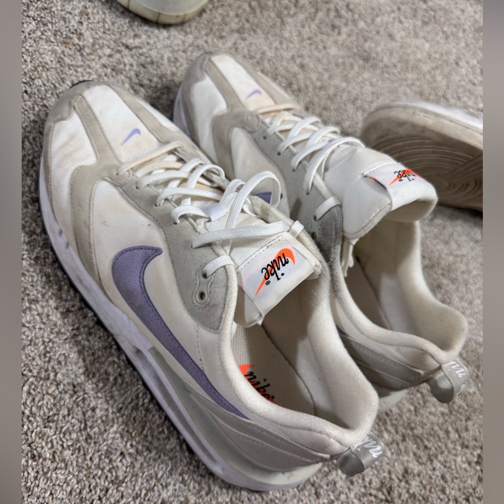 Nike White and Gray Shoes with Purple Swoosh